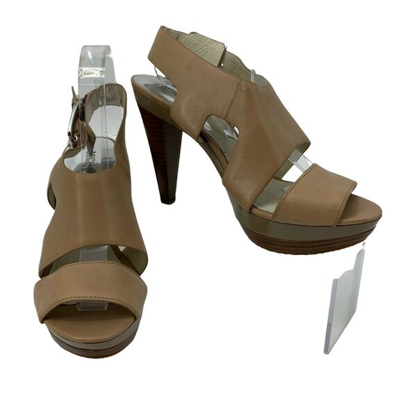 Michael Kors Platform Pumps Women 9.5 M Beige Leather Sling Back Open Toe Buckle - Picture 1 of 11